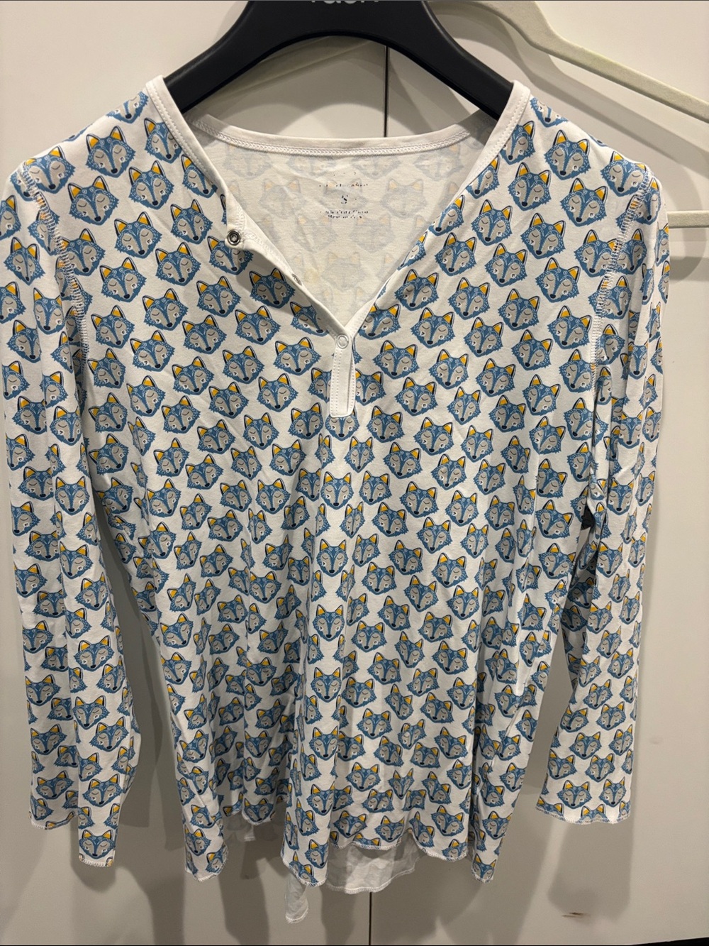 Roller Rabbit White Long-Sleeve Henley Top with Blue & Yellow Fox Print
